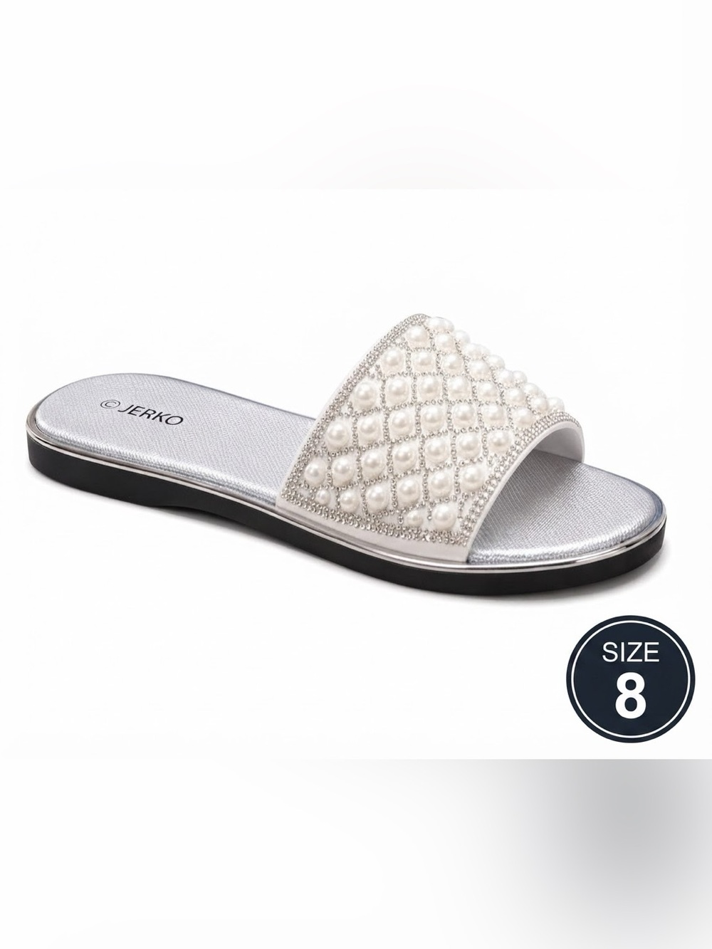 Pearl-Embellished Silver Slide Sandal - Women